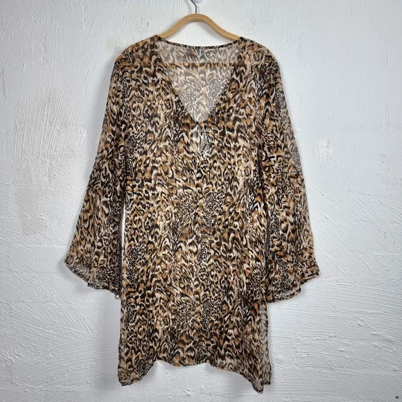 SILK POMEGRANATE Womens Kaftan Top One Size Brown Animal Print Beaded - Picture 5 of 11